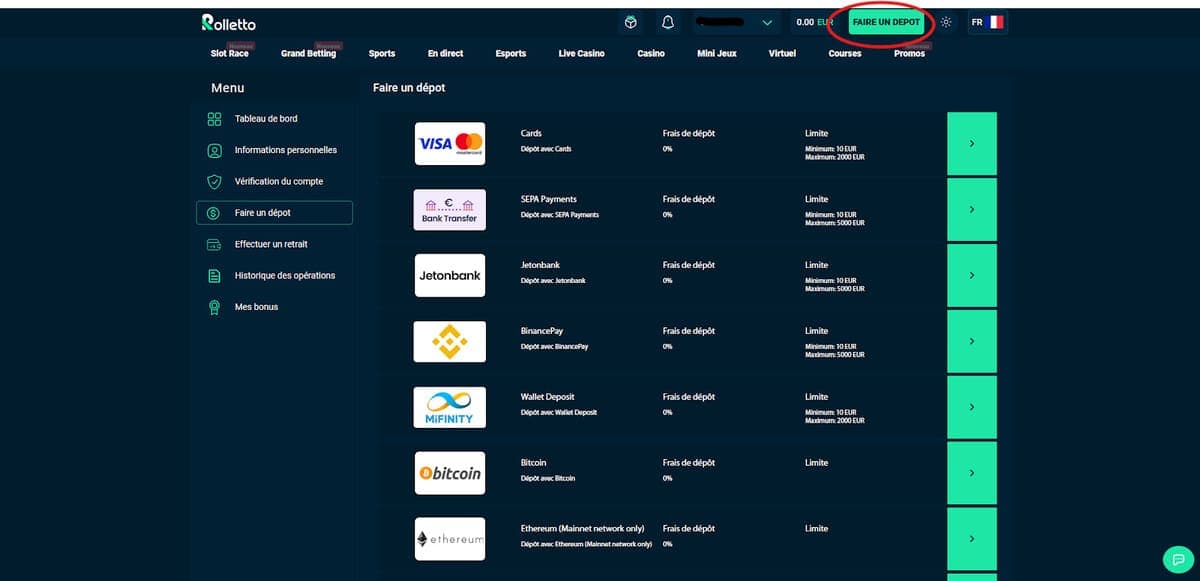 Dépôt Rolletto Casino