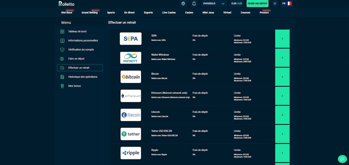 Retrait Rolletto Casino