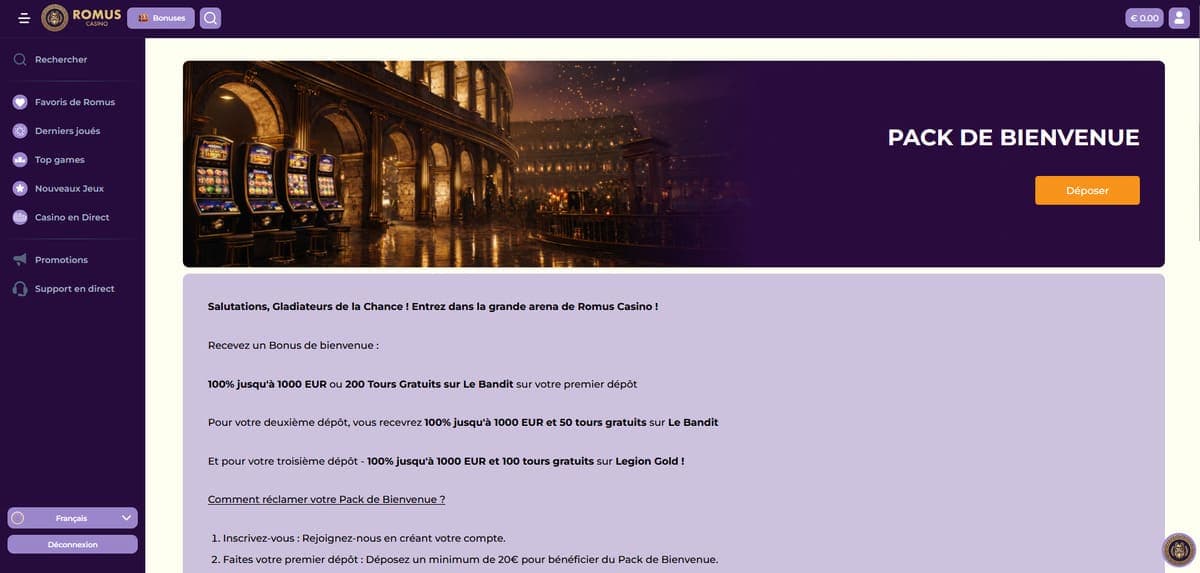 Pack bienvenue Romus Casino