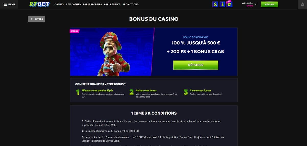Bonus bienvenue RTbet Casino