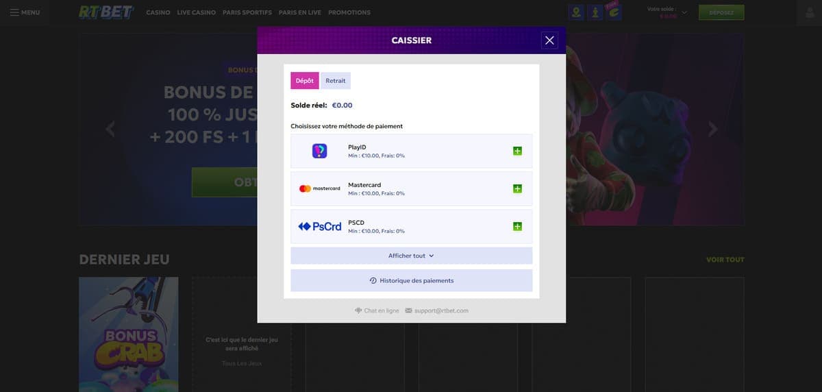 Dépôt RTbet Casino