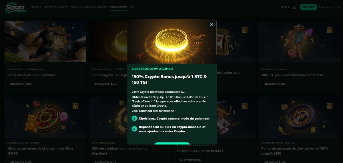 Bonus bienvenue crypto SagaSpins Casino