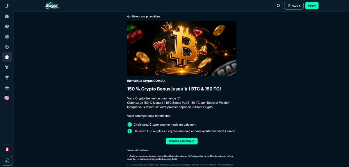 Bonus bienvenue crypto SagaSpins Casino
