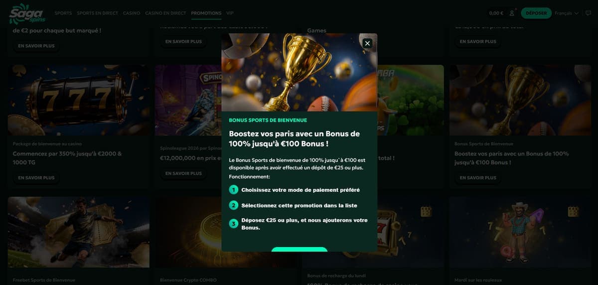 Bonus sports bienvenue SagaSpins Casino