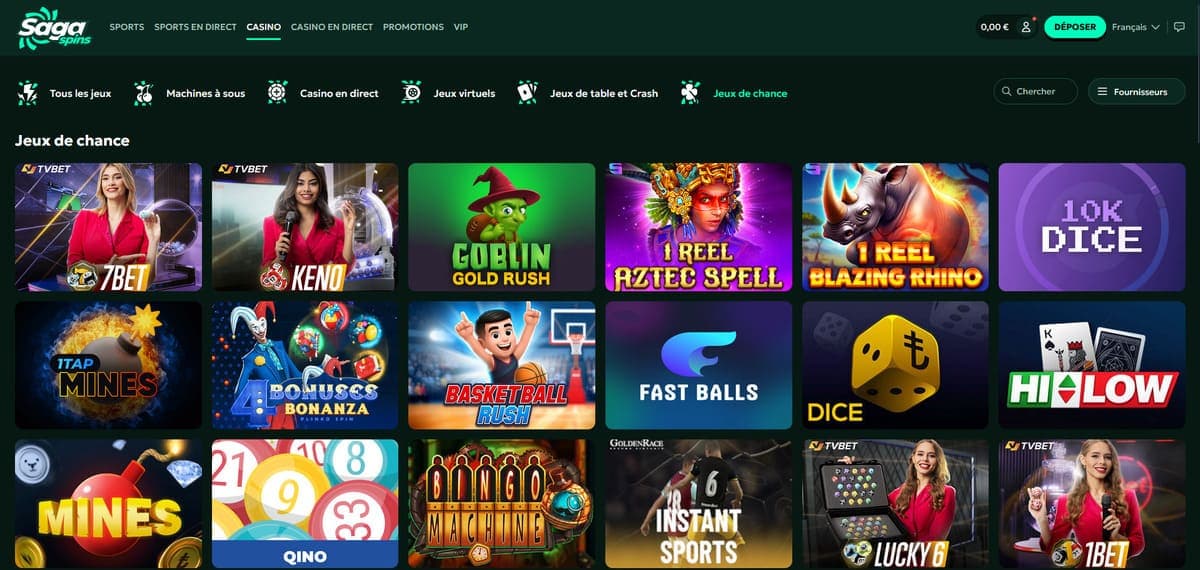 Jeux chance SagaSpins Casino