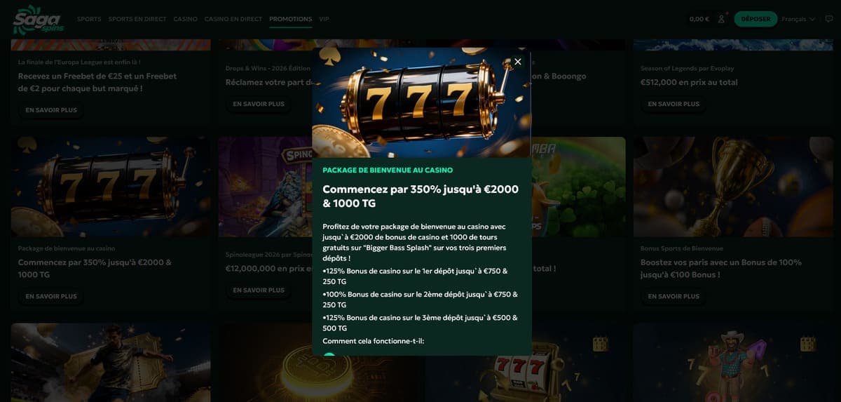 Package bienvenue SagaSpins Casino