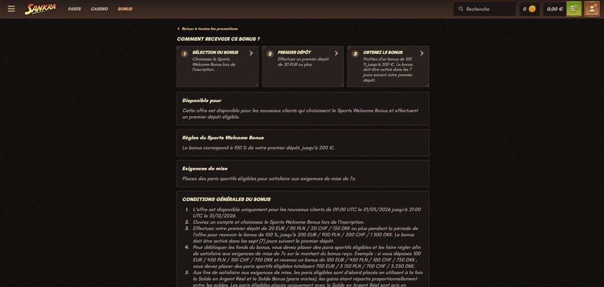 Bonus bienvenue sport Sankra Casino