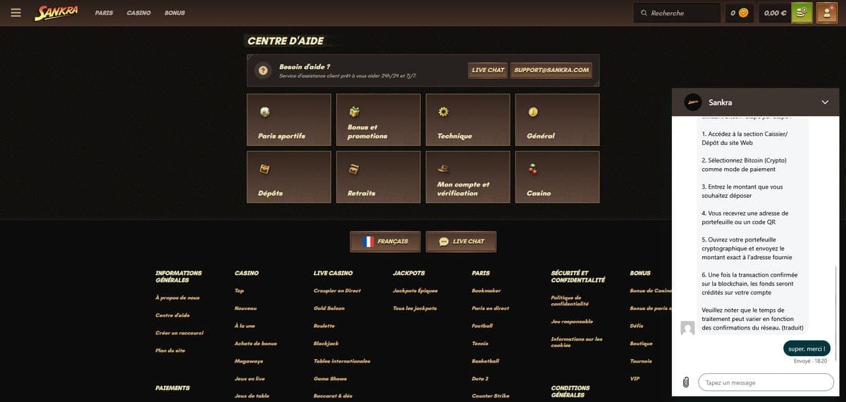 Support client Sankra Casino