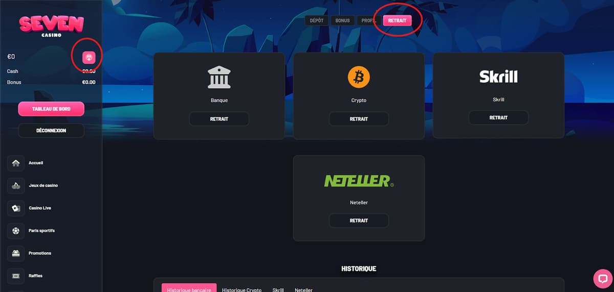 Moyens retraits Seven casino