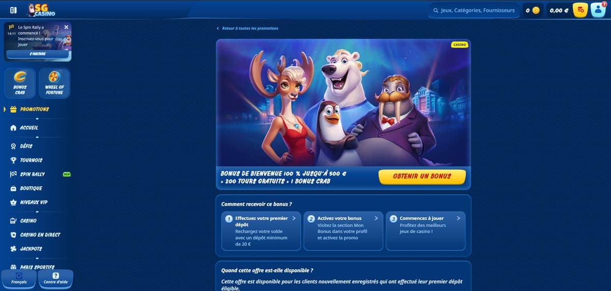Bonus de bienvenue SG Casino