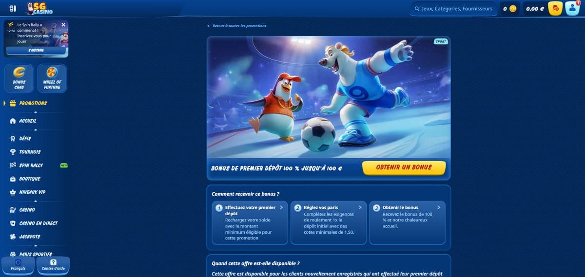 Bonus premier dépôt SG Casino