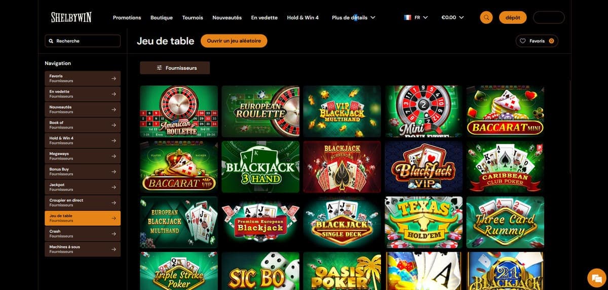 Jeux de table ShelByWin Casino