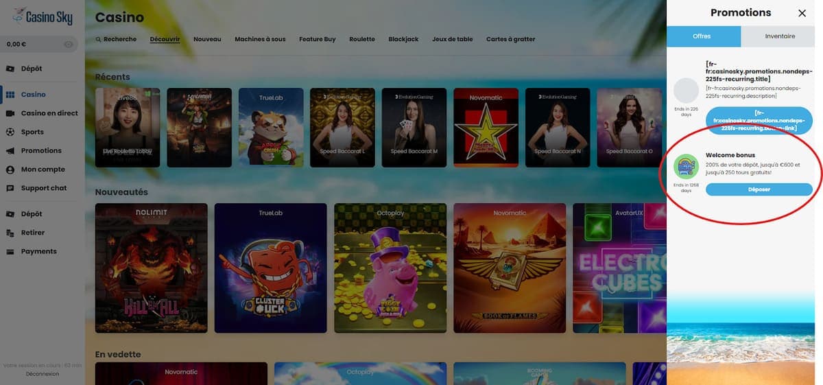 Bonus de bienvenue CasinoSky Casino