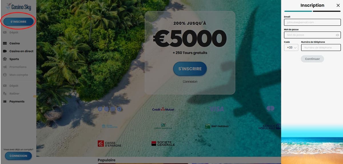 Inscription CasinoSky Casino