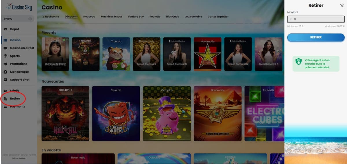 Retrait CasinoSky Casino