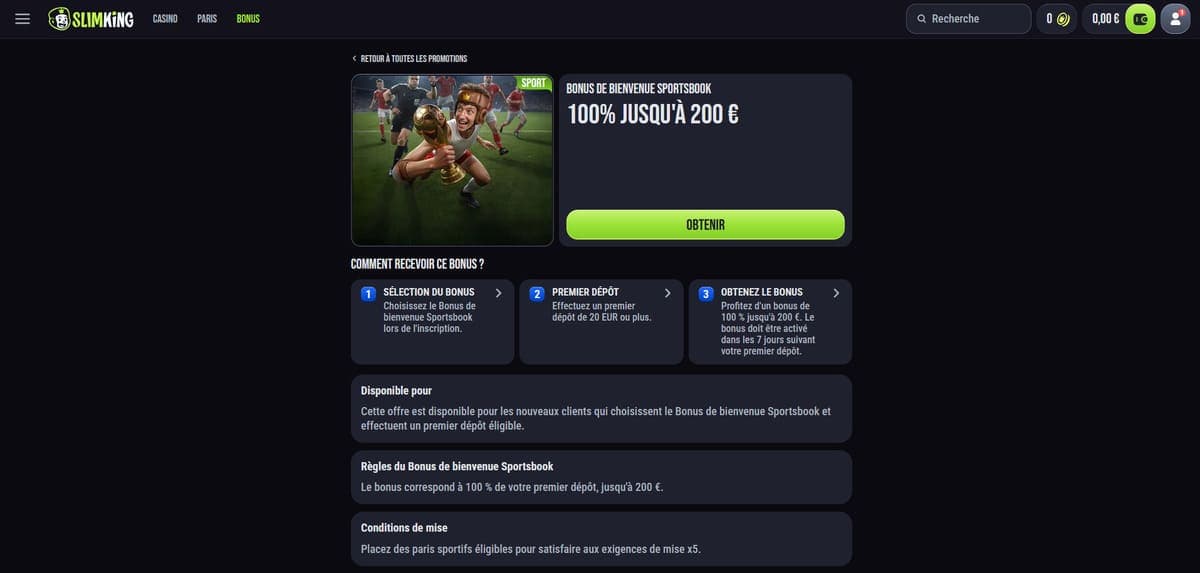 Bonus bienvenue sport Slim King Casino