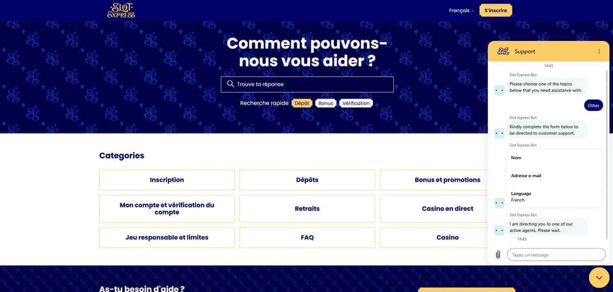 Service client SlotExpress Casino