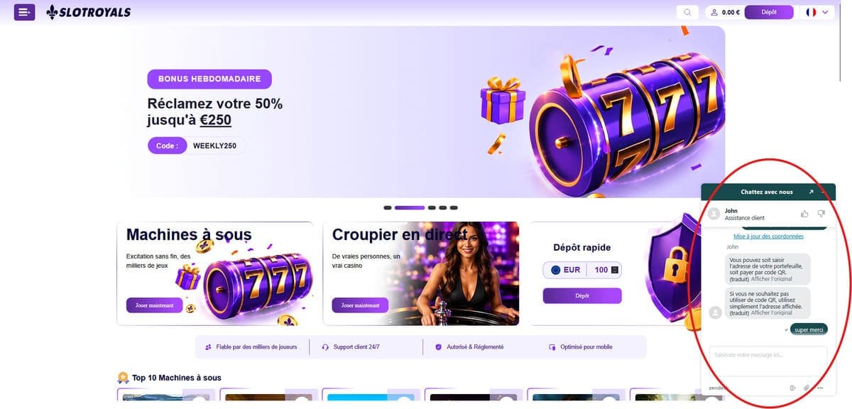 Support client SlotRoyals Casino