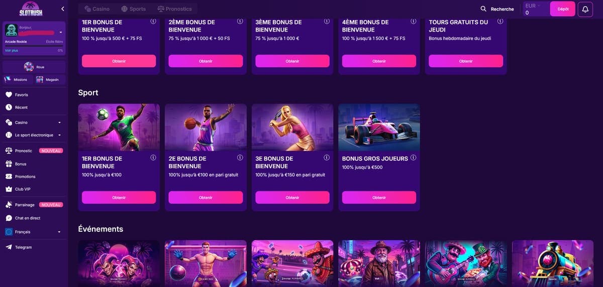 Bonus bienvenue sport Slotrush Casino
