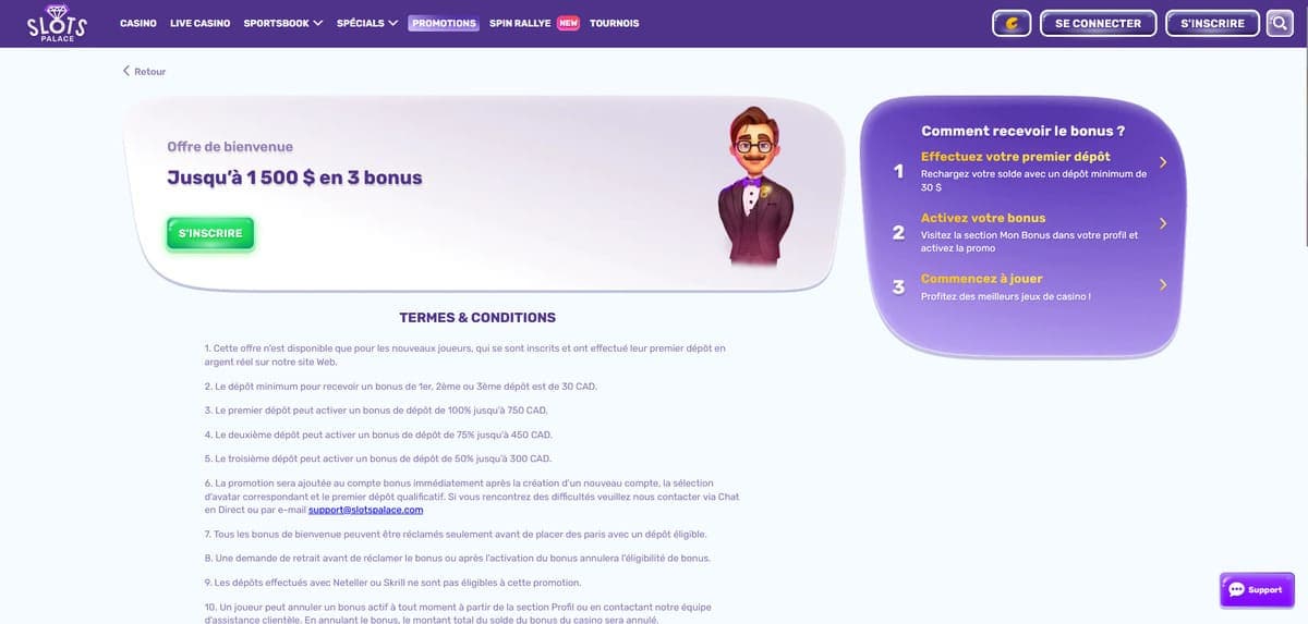 Offres de bienvenue SlotsPalace Casino