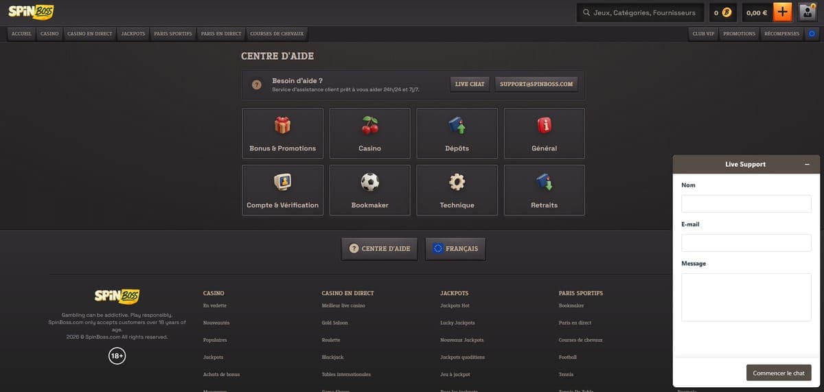 Centre d'aide SpinBoss Casino