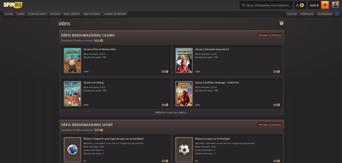 Défis SpinBoss Casino