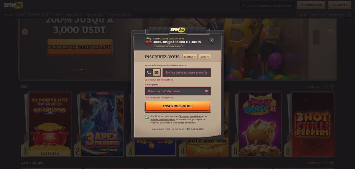 Inscription SpinBoss Casino