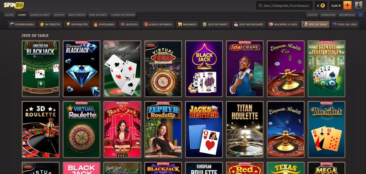 Jeux de table SpinBoss Casino