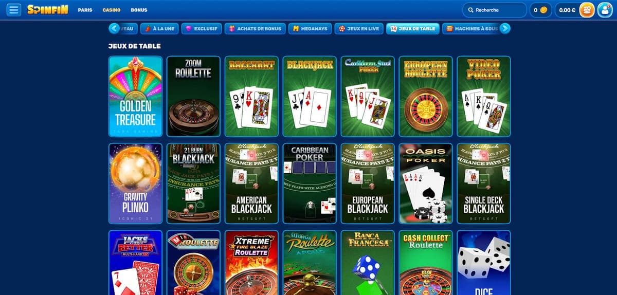 Jeux de table SpinFin Casino