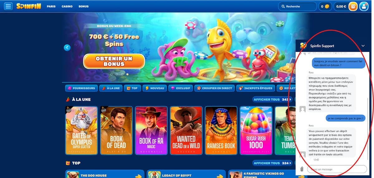 Service client SpinFin Casino