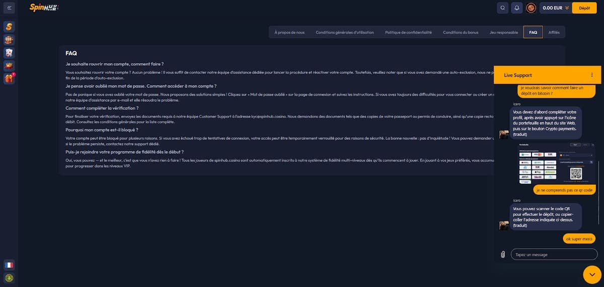 Support client Spinhub Casino