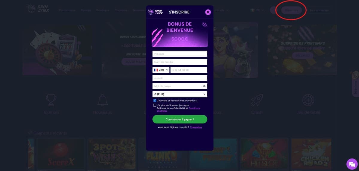 Inscription SpinLynx Casino