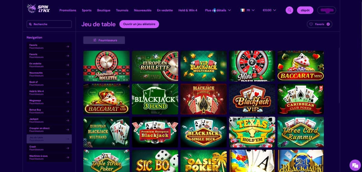 Jeux de table SpinLynx Casino