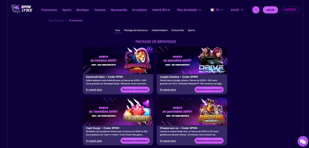 Pack de bienvenue SpinLynx Casino