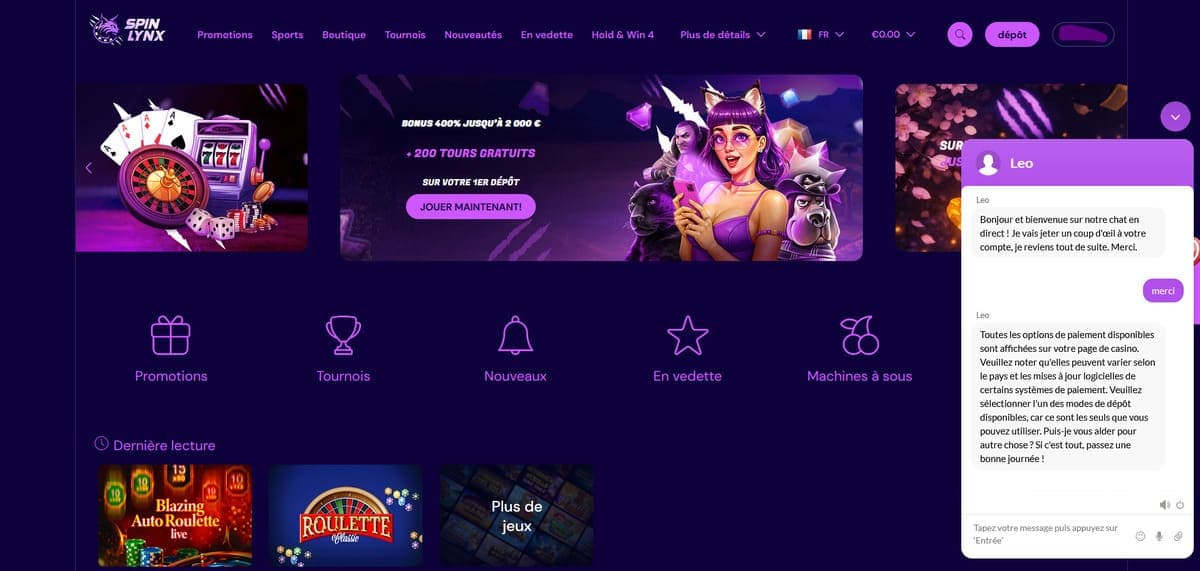 Support client SpinLynx Casino
