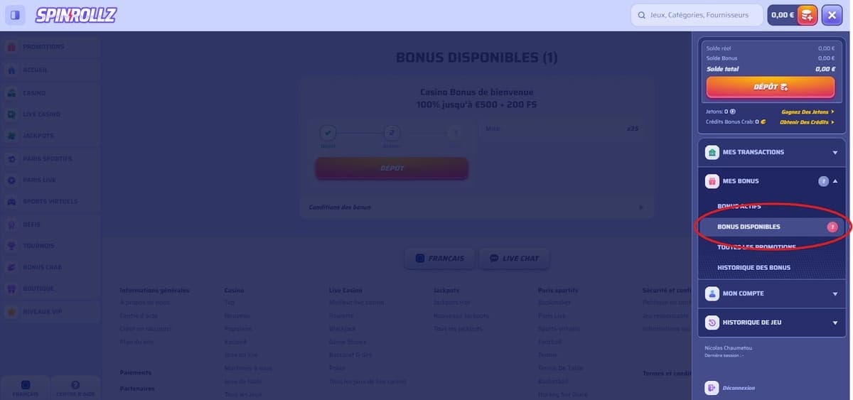 Bonus disponibles Spinrollz Casino