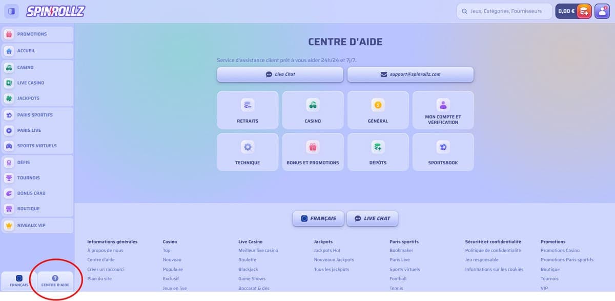 Centre d'aide Spinrollz Casino