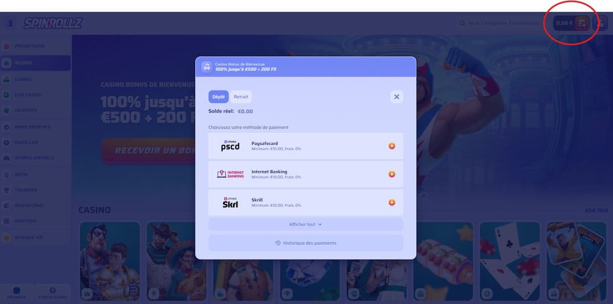 Dépôt Spinrollz Casino