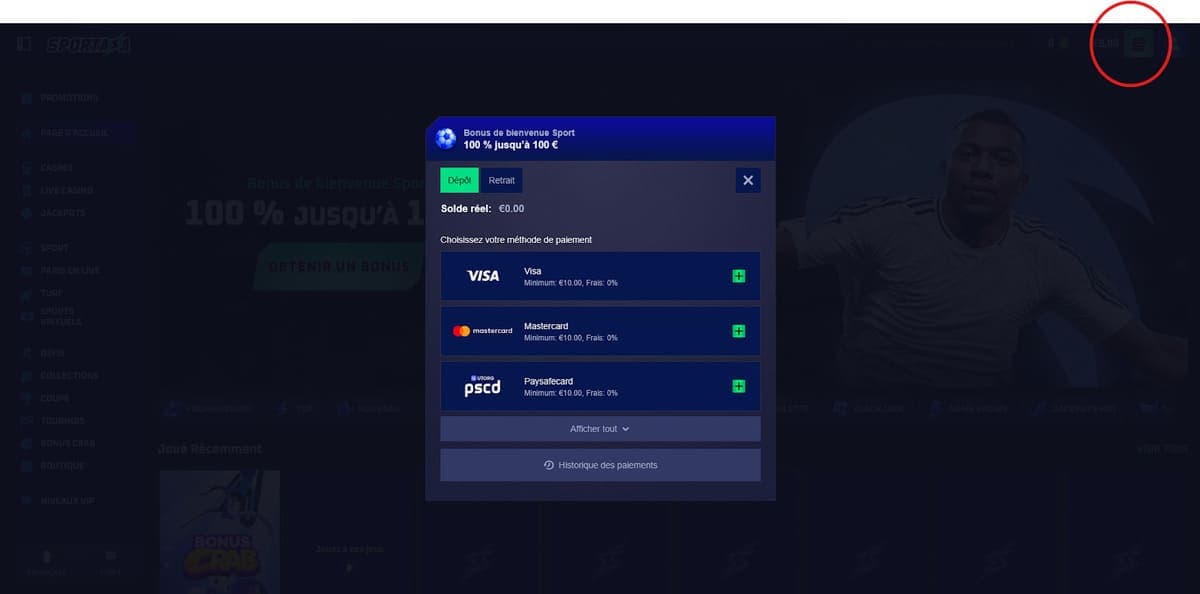 Dépôt Sportaza Casino