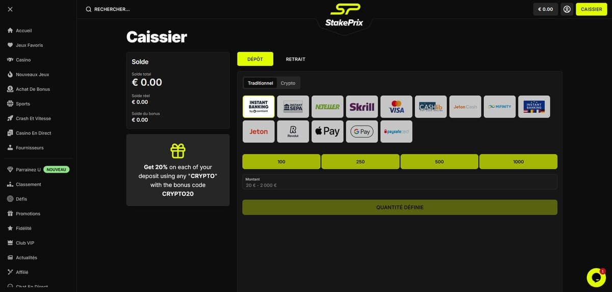 Dépôt StakePrix Casino