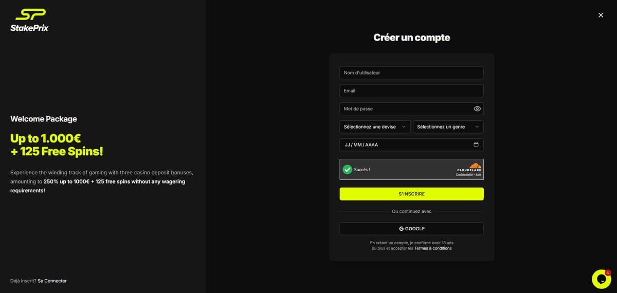 Inscription StakePrix Casino