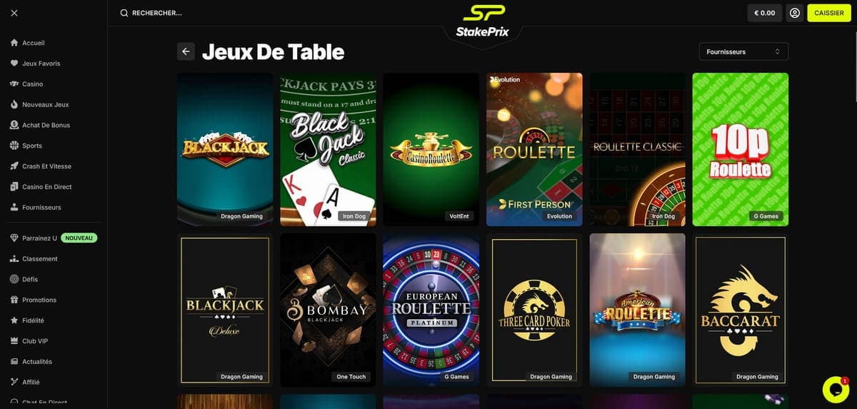 Jeux de table StakePrix Casino