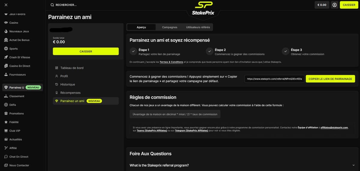 Parrainage StakePrix Casino