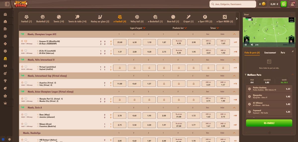 Match en direct Stone Vegas Casino