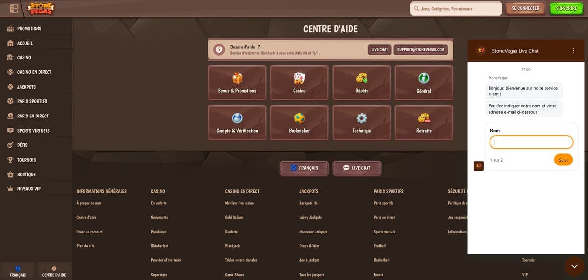 Support client Stone Vegas Casino