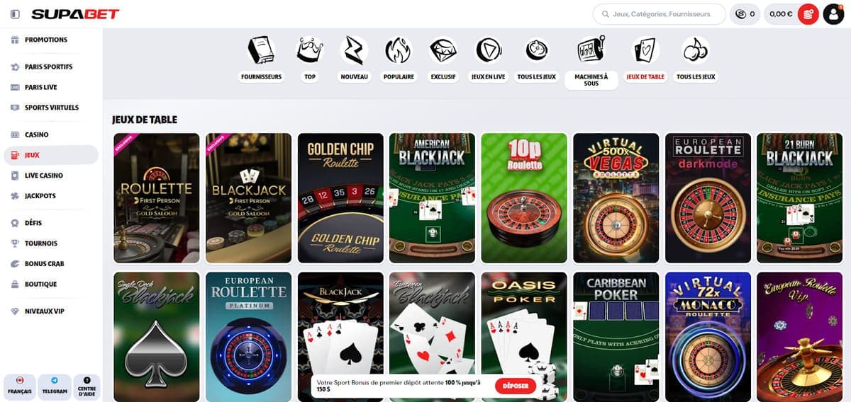 Jeux de table Supabet Casino