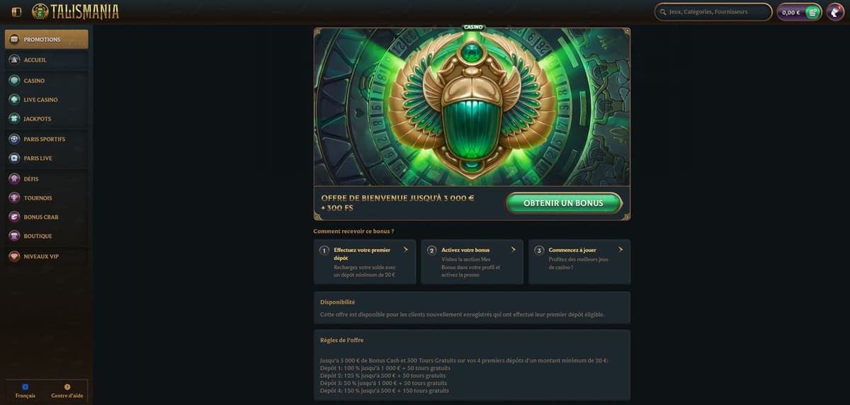 Bonus bienvenue Talismania Casino