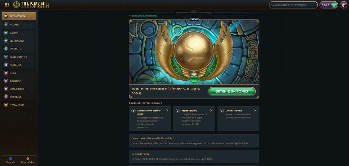 Bonus premier dépôt Talismania Casino