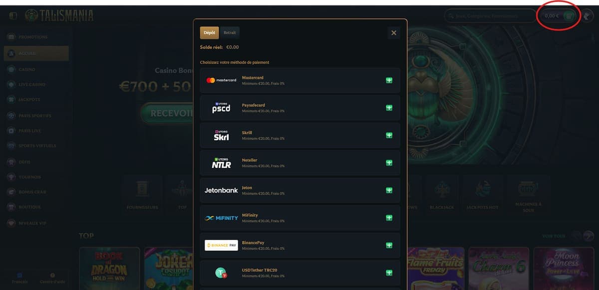 dépôt Talismania Casino