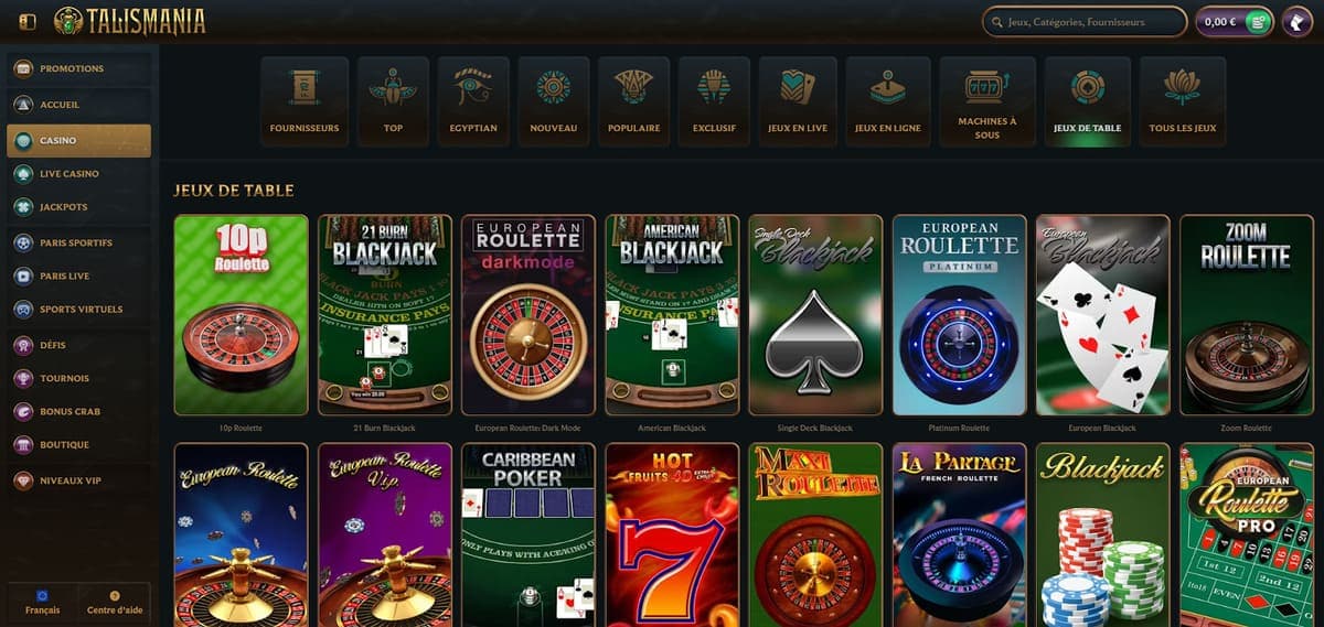 jeux de table Talismania Casino